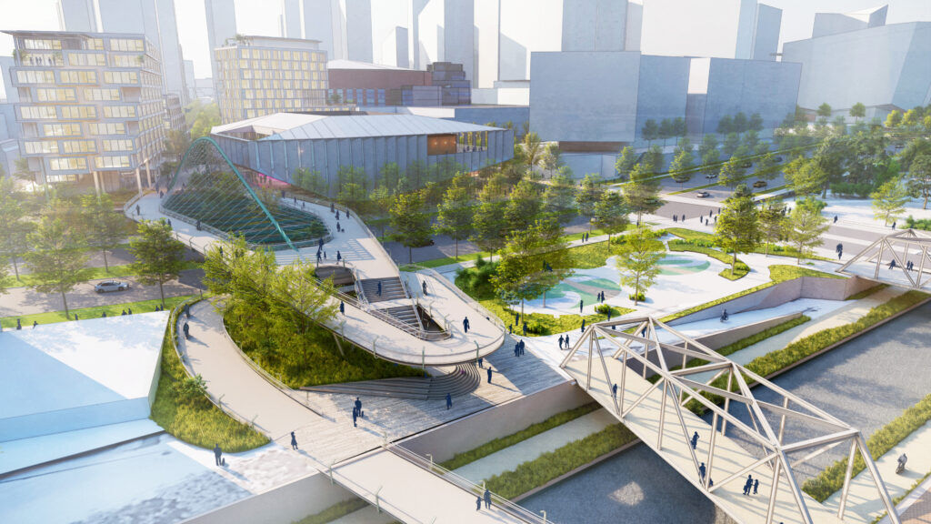 Rendering of a bridge planned for the Ball Arena parking lot redevelopment. (Courtesy photo, Kroenke Sports & Entertainment)