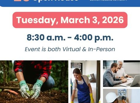 Annual Contracting Open House collage with images of people planting, building, cleaning and desk work.