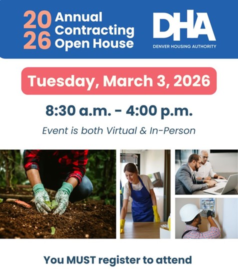 Annual Contracting Open House collage with images of people planting, building, cleaning and desk work.